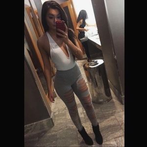 FOREVER21 GREY HIGH WAISTED RIPPED LEGGINGS